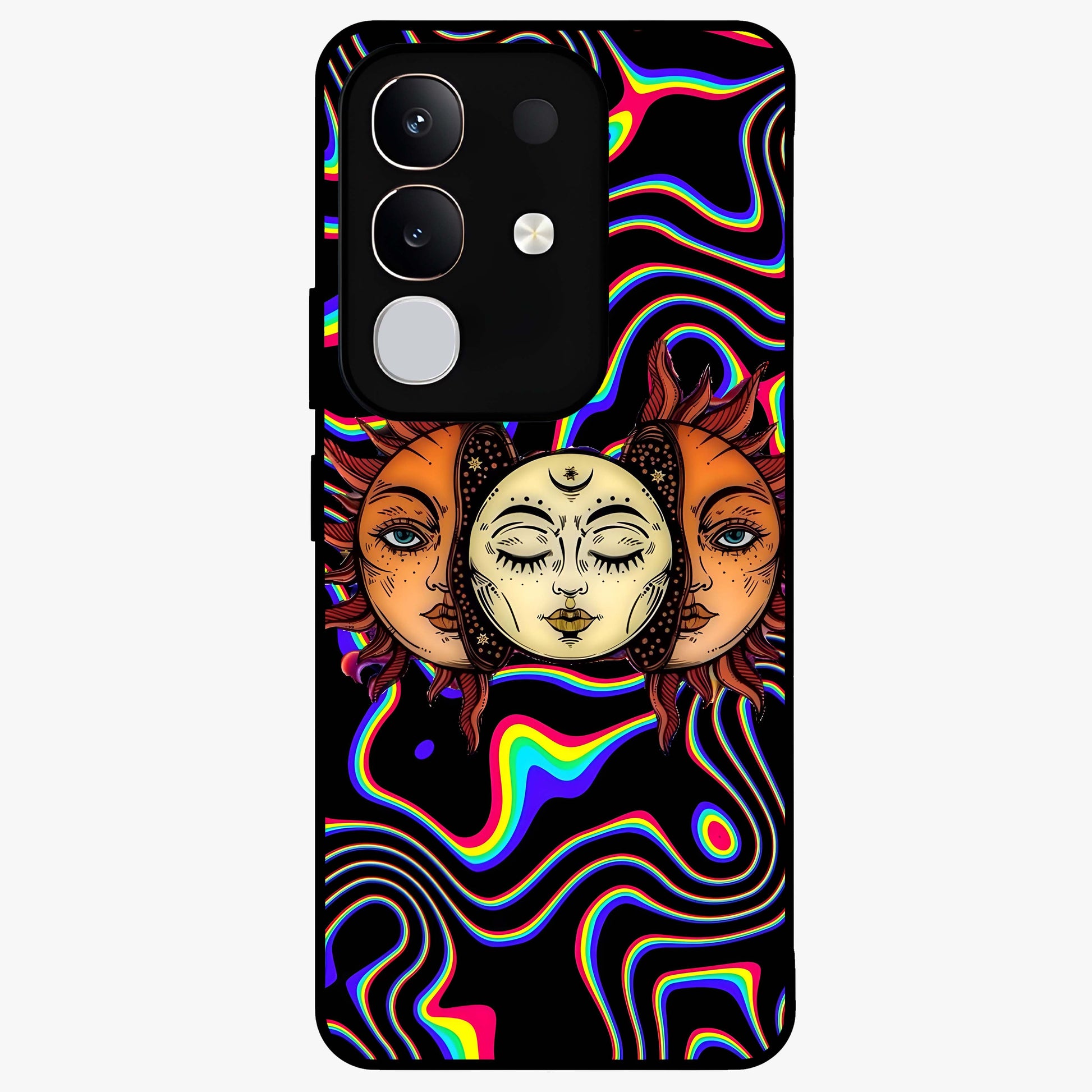 Psychedelic Sun Glass Case showing flat back view with colorful psychedelic sun artwork and glossy glass finish.