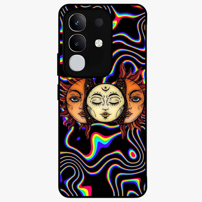 Psychedelic Sun Glass Case showing flat back view with colorful psychedelic sun artwork and glossy glass finish.