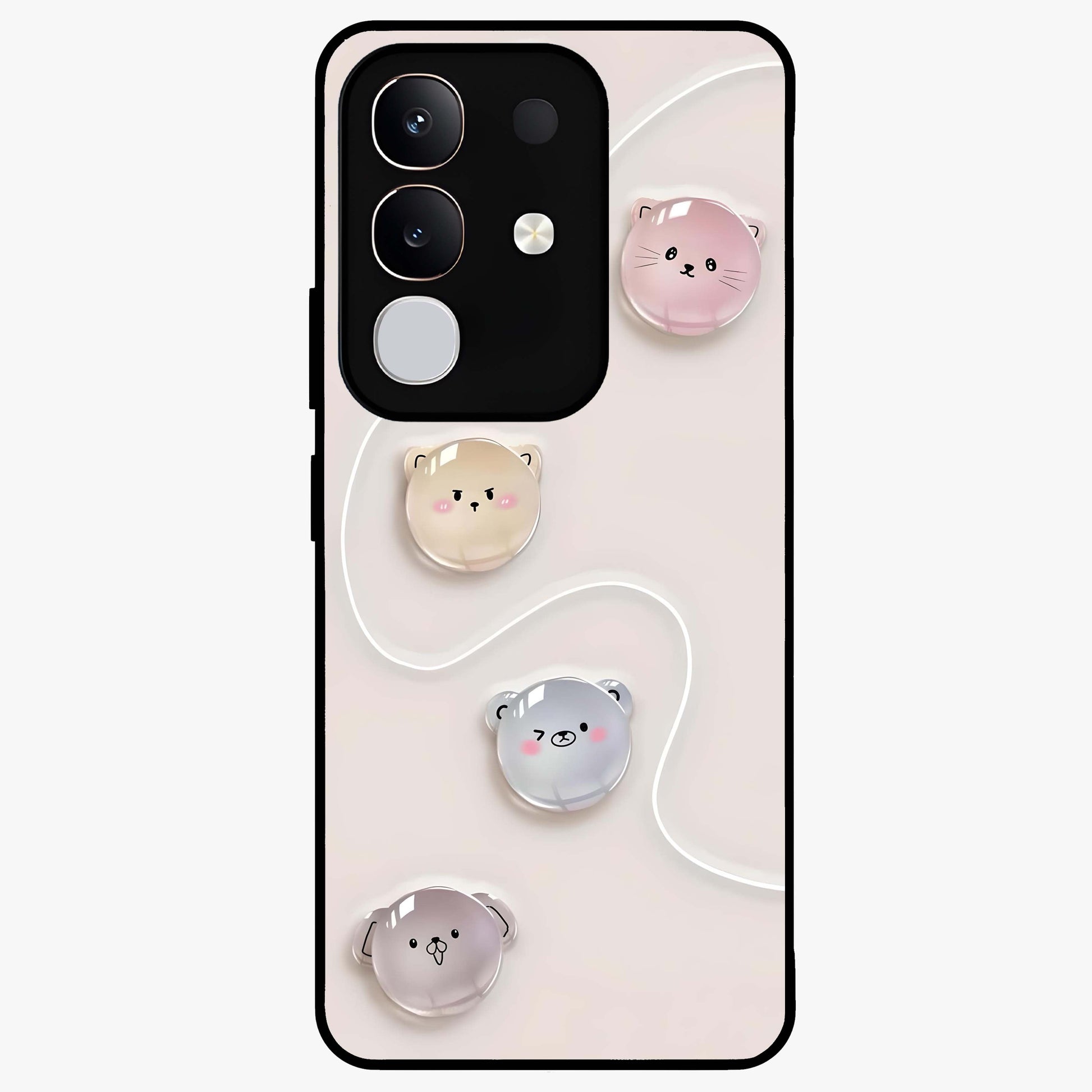 Puffy Face Parade Glass Case showing flat back view with cute puffy character faces artwork and glossy glass finish.