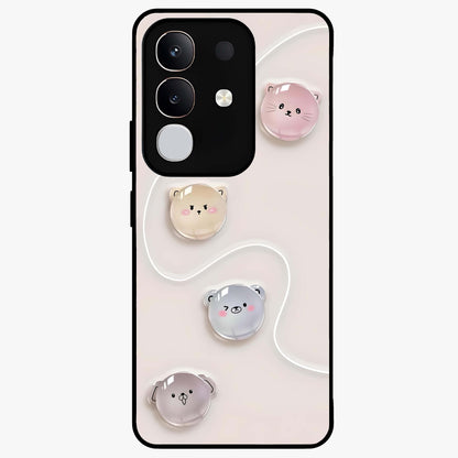 Puffy Face Parade Glass Case showing flat back view with cute puffy character faces artwork and glossy glass finish.