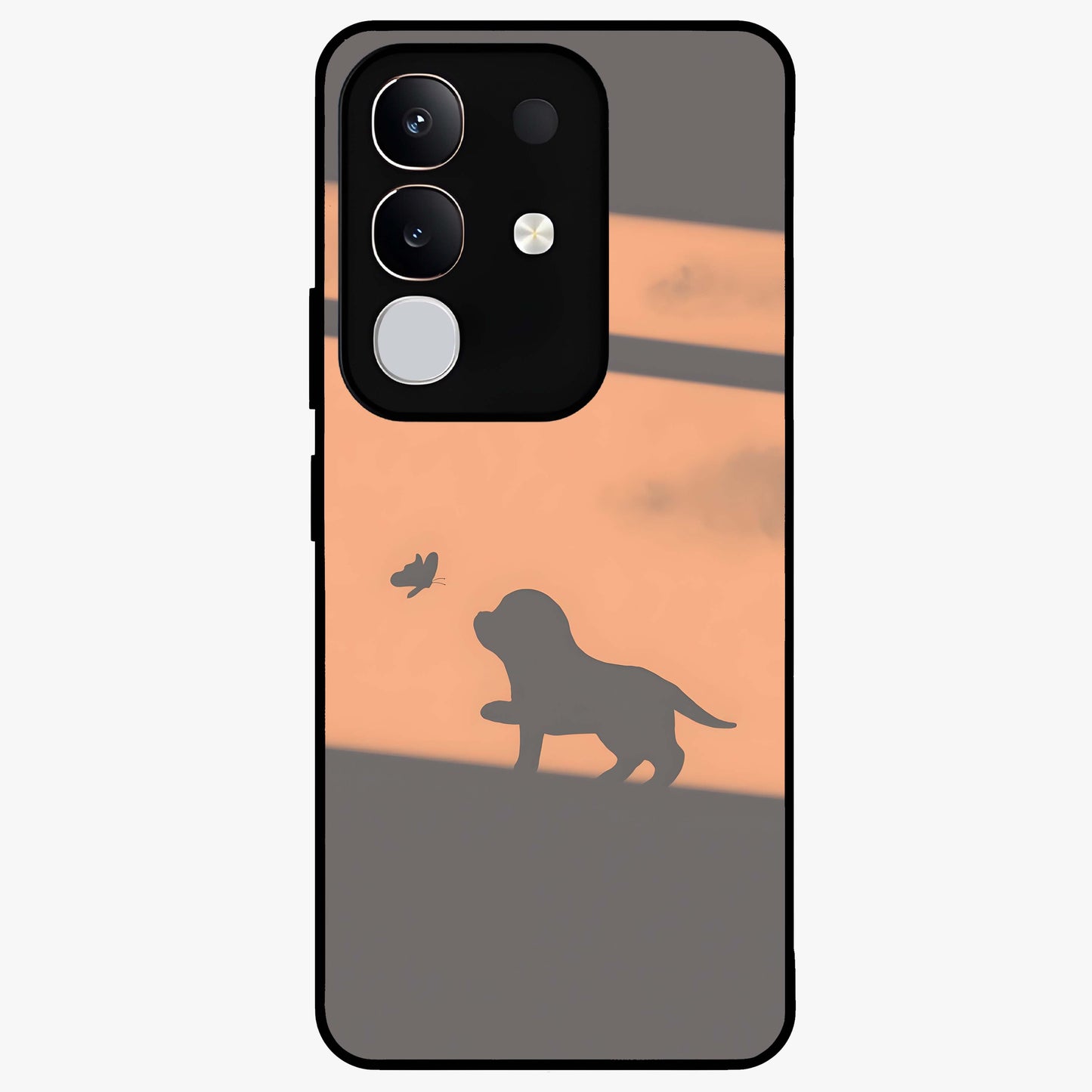 Puppy Shadow Art Glass Case showing flat back view with cute puppy shadow style artwork and glossy glass finish.