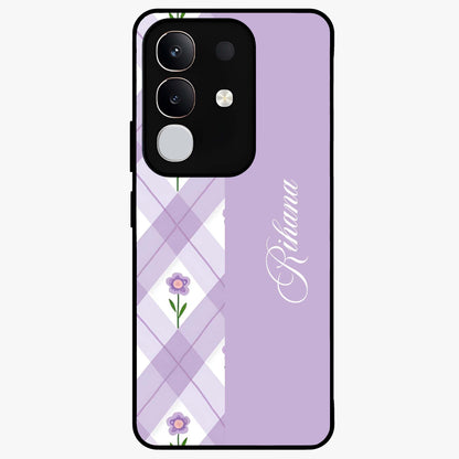 Purple Diamond Floral Glass Case showing flat back view with diamond shaped floral artwork and glossy glass finish.