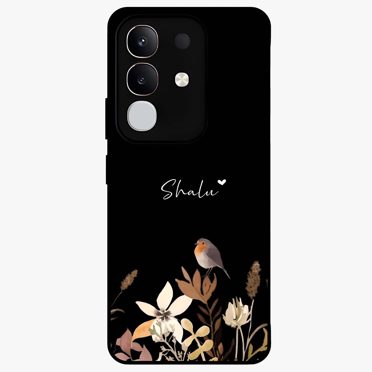 Quiet Garden Tune Custom Name Glass Case showing flat back view with peaceful garden artwork and personalized name design.