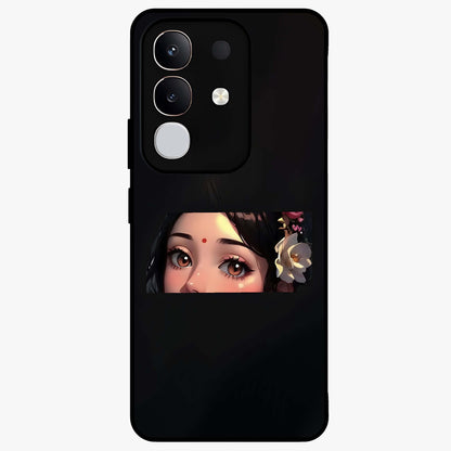 Radha Divine Embrace Glass Case showing flat back view with devotional Radha artwork and glossy glass finish.