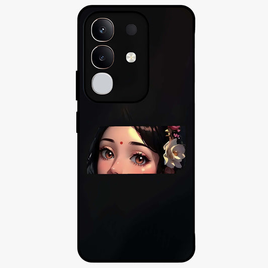 Radha Divine Embrace Glass Case showing flat back view with devotional Radha artwork and glossy glass finish.
