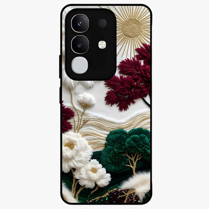 Radiant Bloom Elegance Glass Case showing flat back view with elegant blooming flower artwork and glossy glass finish.