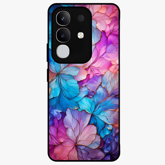 Radiant Floral Whirl Glass Case showing flat back view with swirling floral artwork and glossy glass finish.