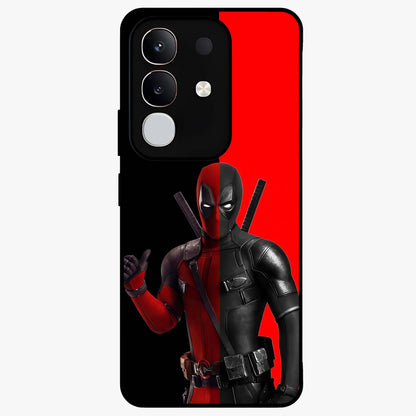 Red & Black Deadpool Theme Glass Case showing flat back view with bold comic inspired artwork and glossy glass finish.