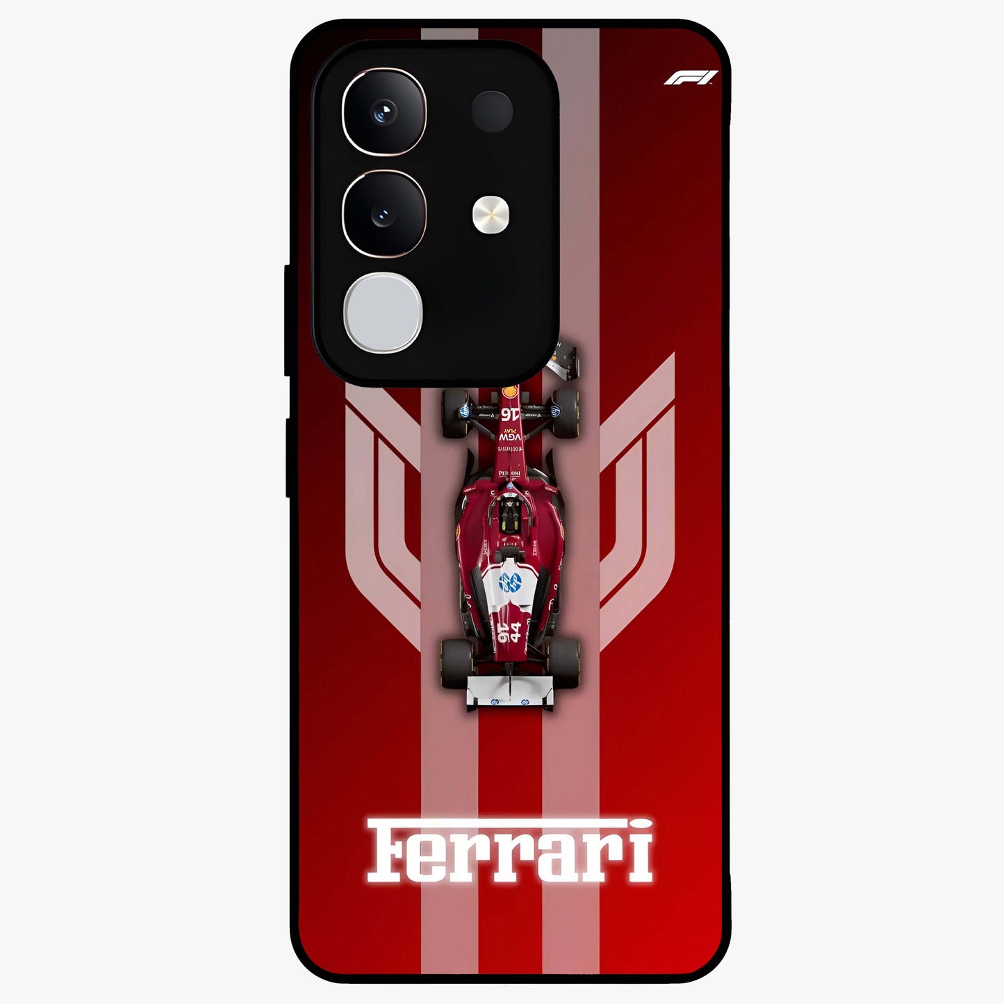 Red Ferrari F1 Vertical Glass Case showing flat back view with sleek Formula racing car artwork and glossy glass finish.