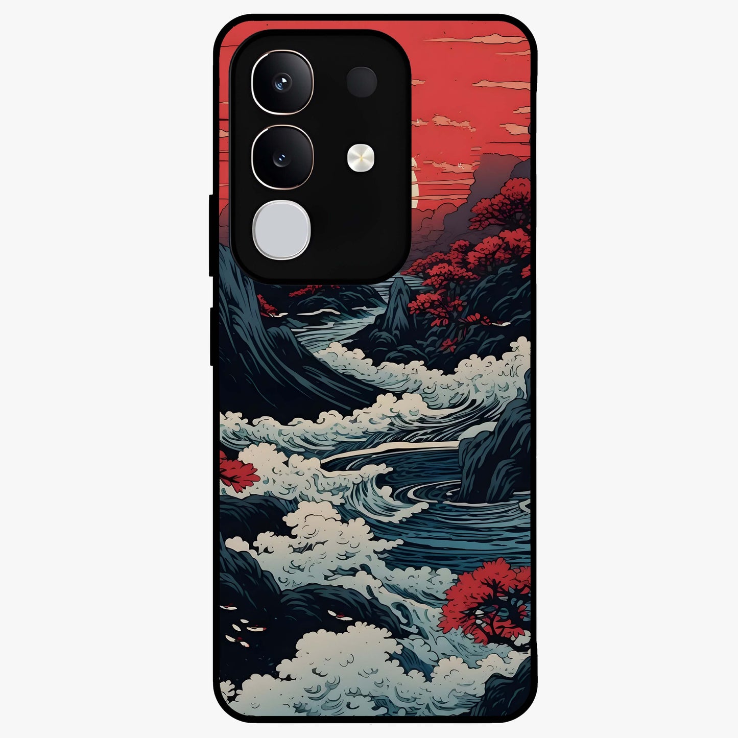 Red Sunset Scenery Glass Case showing flat back view with vibrant sunset landscape artwork and glossy glass finish.