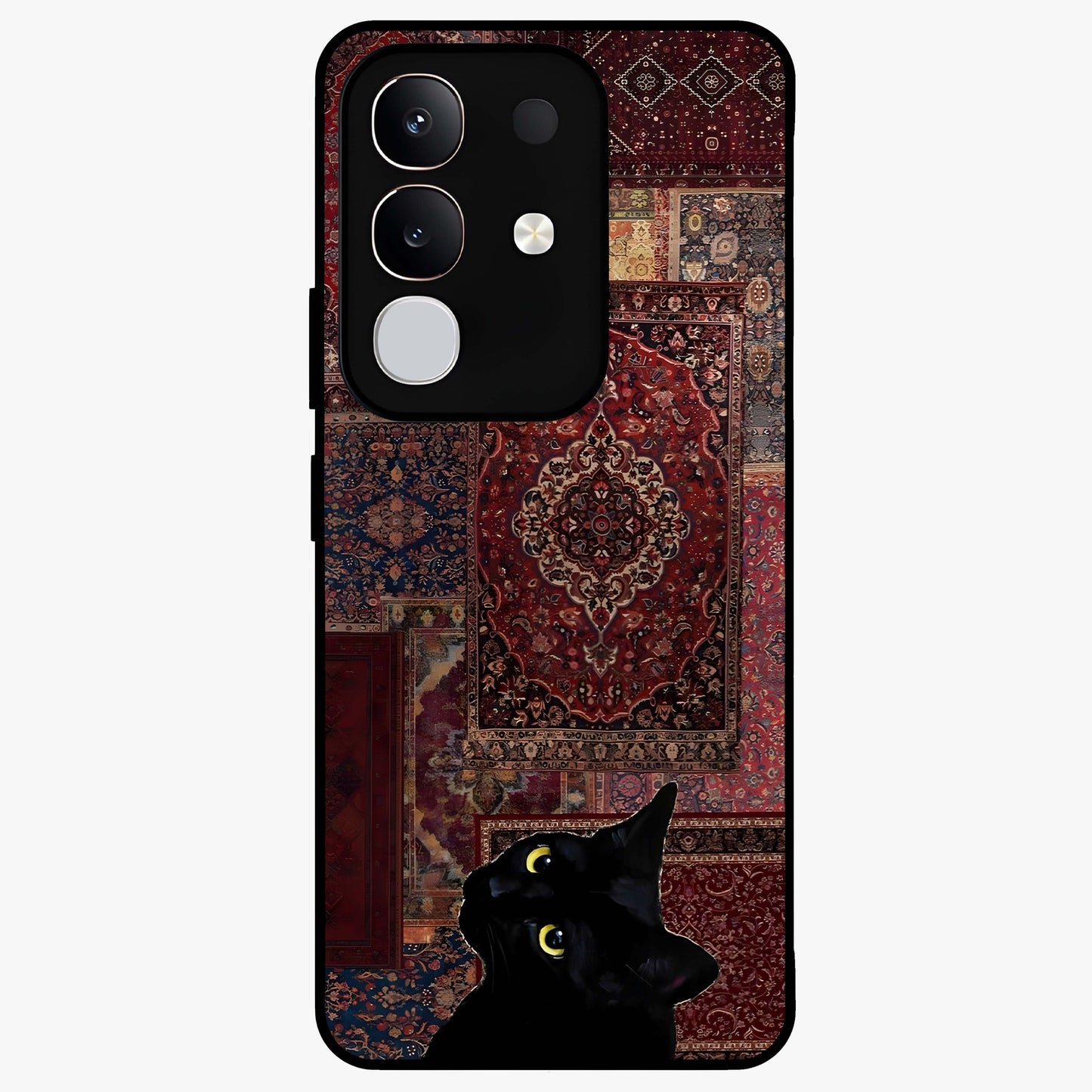Regal Magic Cat Apple Glass Case showing flat back view with magical cat artwork holding apple and glossy glass finish.