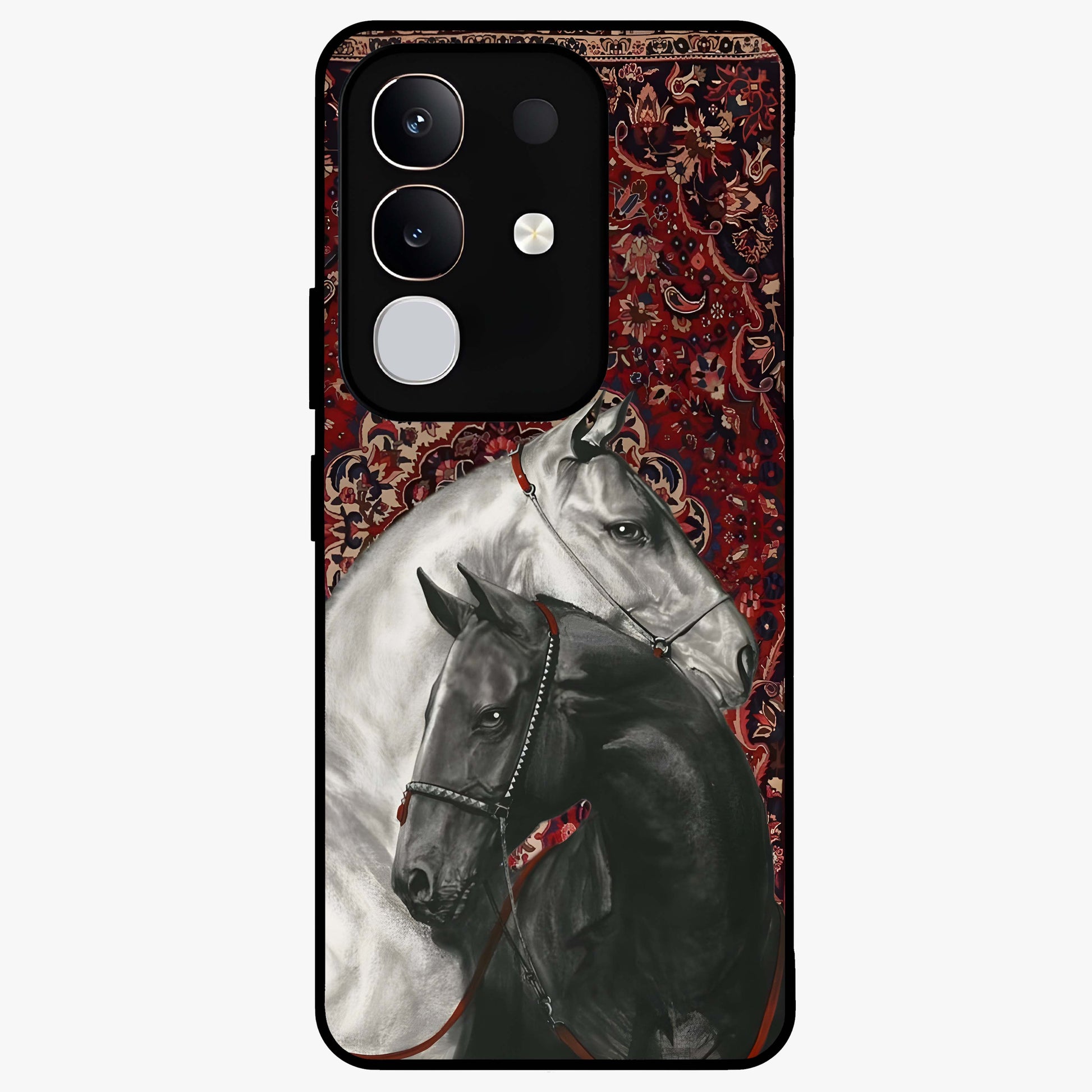 Regal Stallion Tapestry Glass Case showing flat back view with majestic horse tapestry artwork and glossy glass finish.