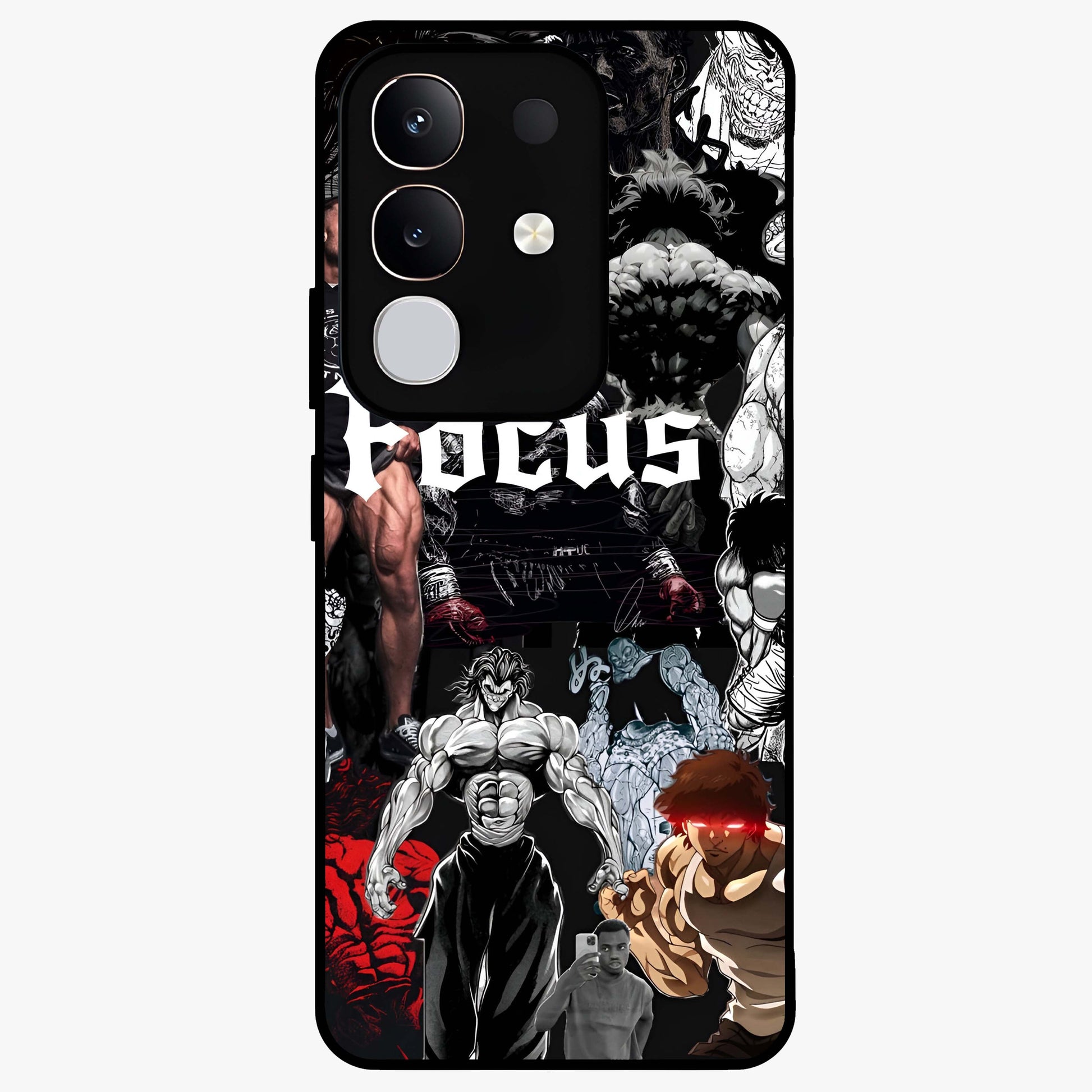 Relentless Power Focus Glass Case showing flat back view with motivational typography artwork and glossy glass finish.