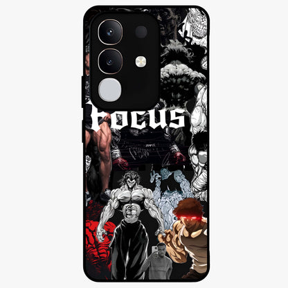 Relentless Power Focus Glass Case showing flat back view with motivational typography artwork and glossy glass finish.
