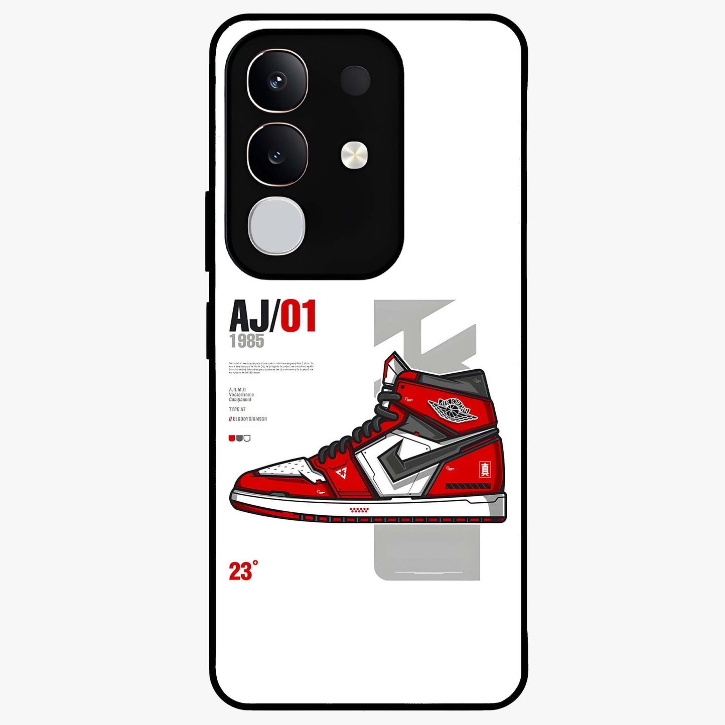Retro Sneaker Blueprint Glass Case showing flat back view with sneaker blueprint style artwork and glossy glass finish.