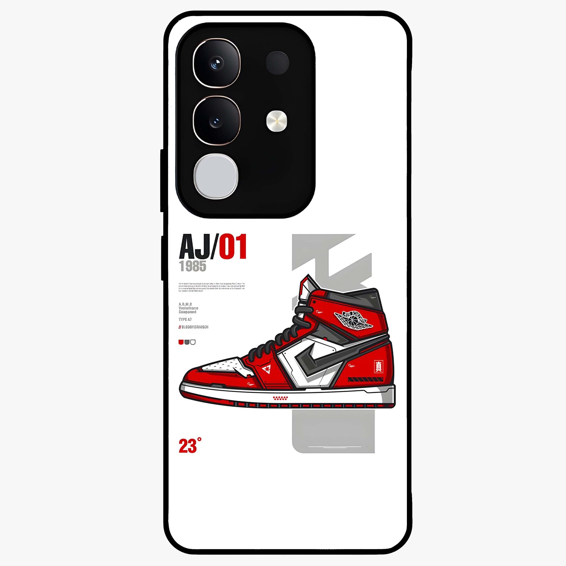 Retro Sneaker Blueprint Glass Case showing flat back view with sneaker blueprint style artwork and glossy glass finish.