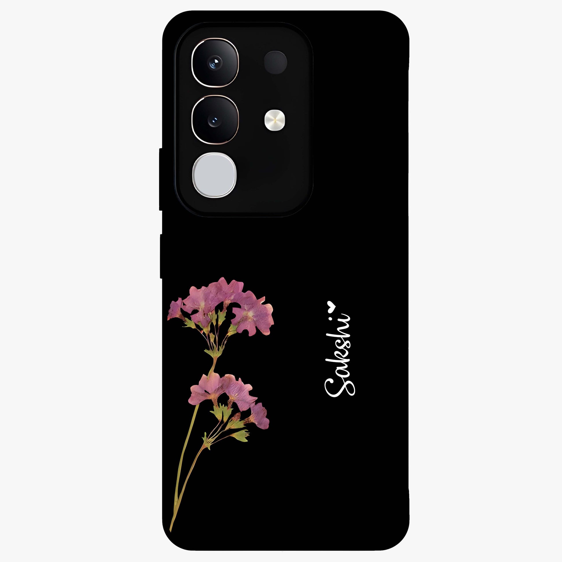 Riching Lavender Flower Custom Name Glass Case showing flat back view with lavender floral artwork and personalized name design.
