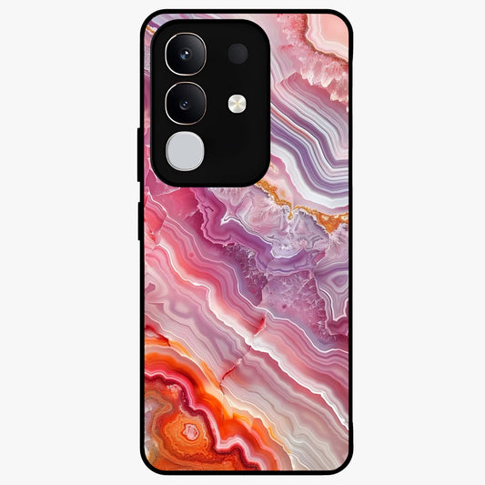 Rose Quartz Marble Glass Case showing flat back view with pink marble quartz texture artwork and glossy glass finish.