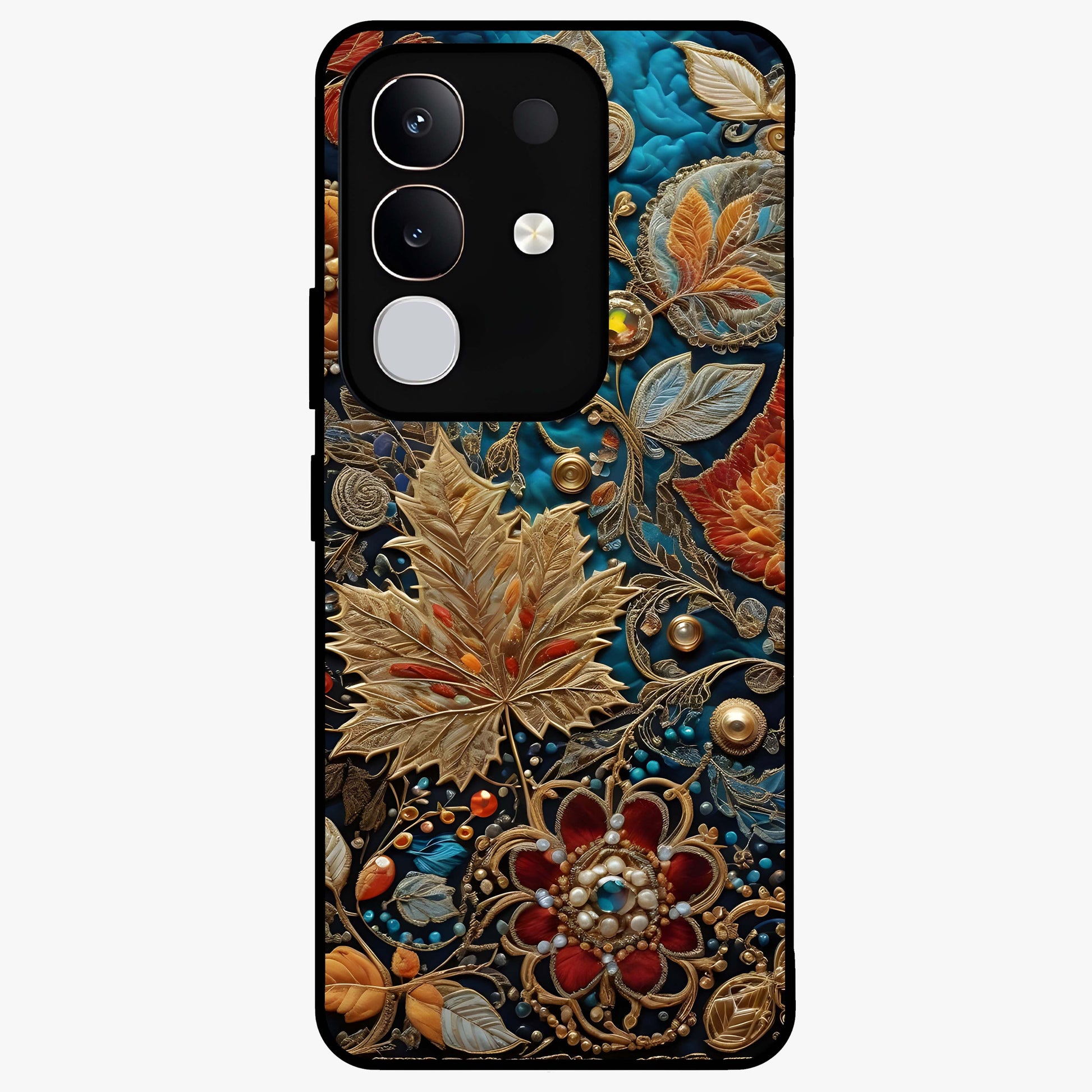 Royal Jewel Garden Glass Case showing flat back view with decorative floral garden artwork and glossy glass finish.
