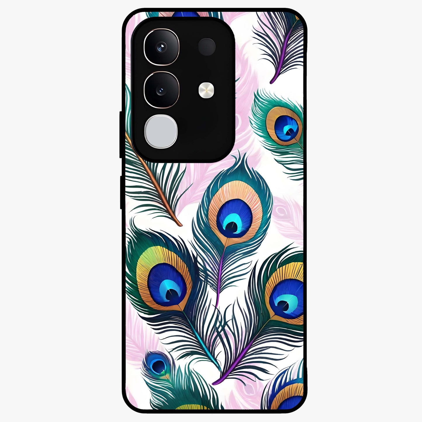 Royal Peacock Feathers Glass Case showing flat back view with colorful peacock feather artwork and glossy glass finish.