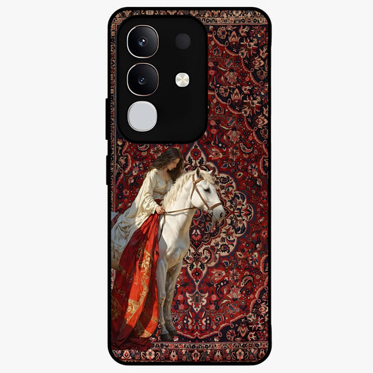 Royal Rider Tapestry Glass Case showing flat back view with majestic horse rider tapestry artwork and glossy glass finish.