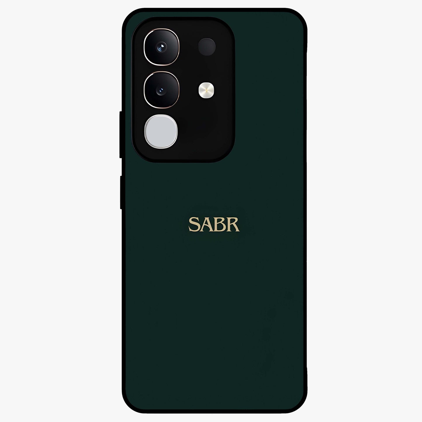 Sabr Minimal Patience Glass Case showing flat back view with minimalist typography artwork and glossy glass finish.