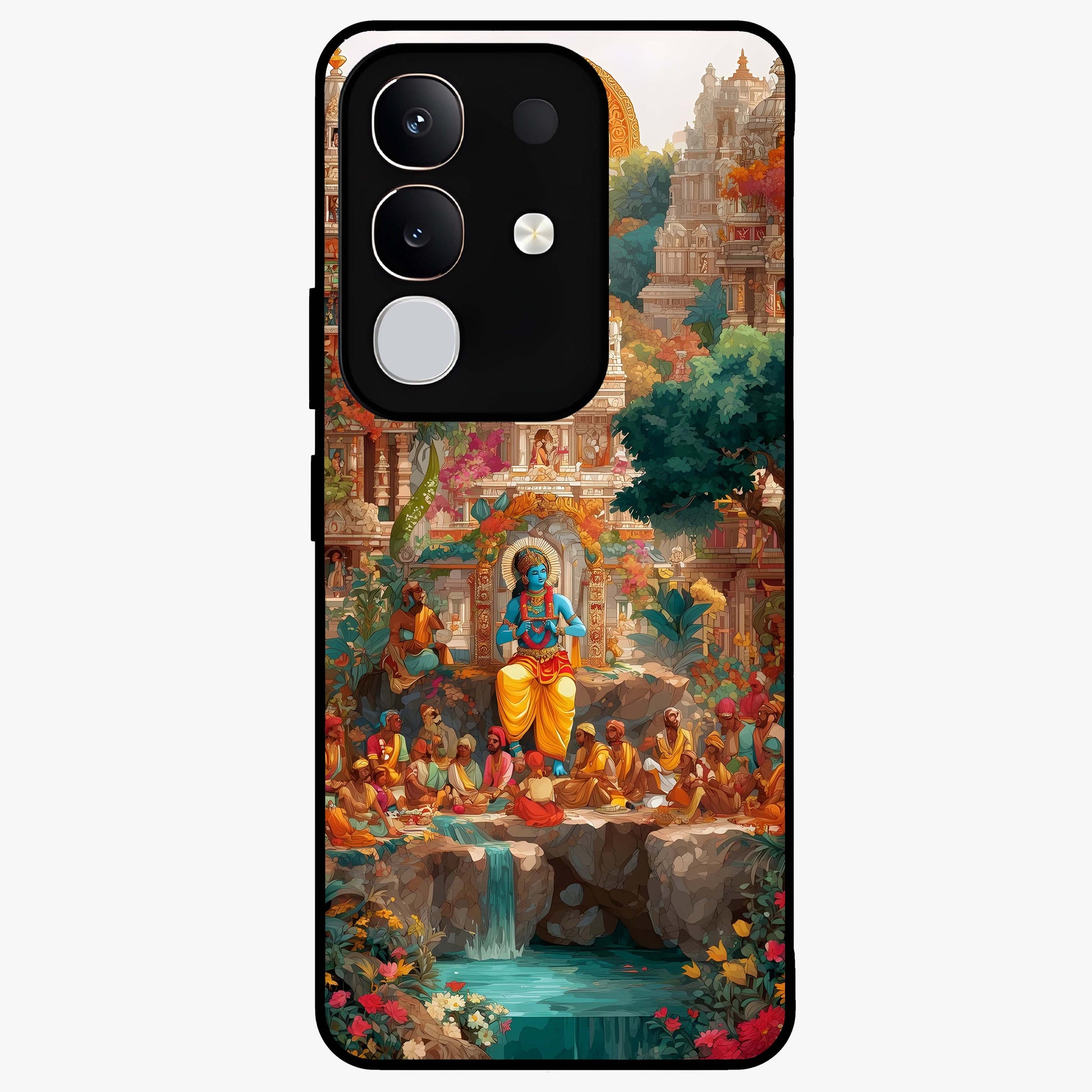 Sacred Sunlight Gods Glass Case showing flat back view with divine sunlight themed artwork and glossy glass finish.
