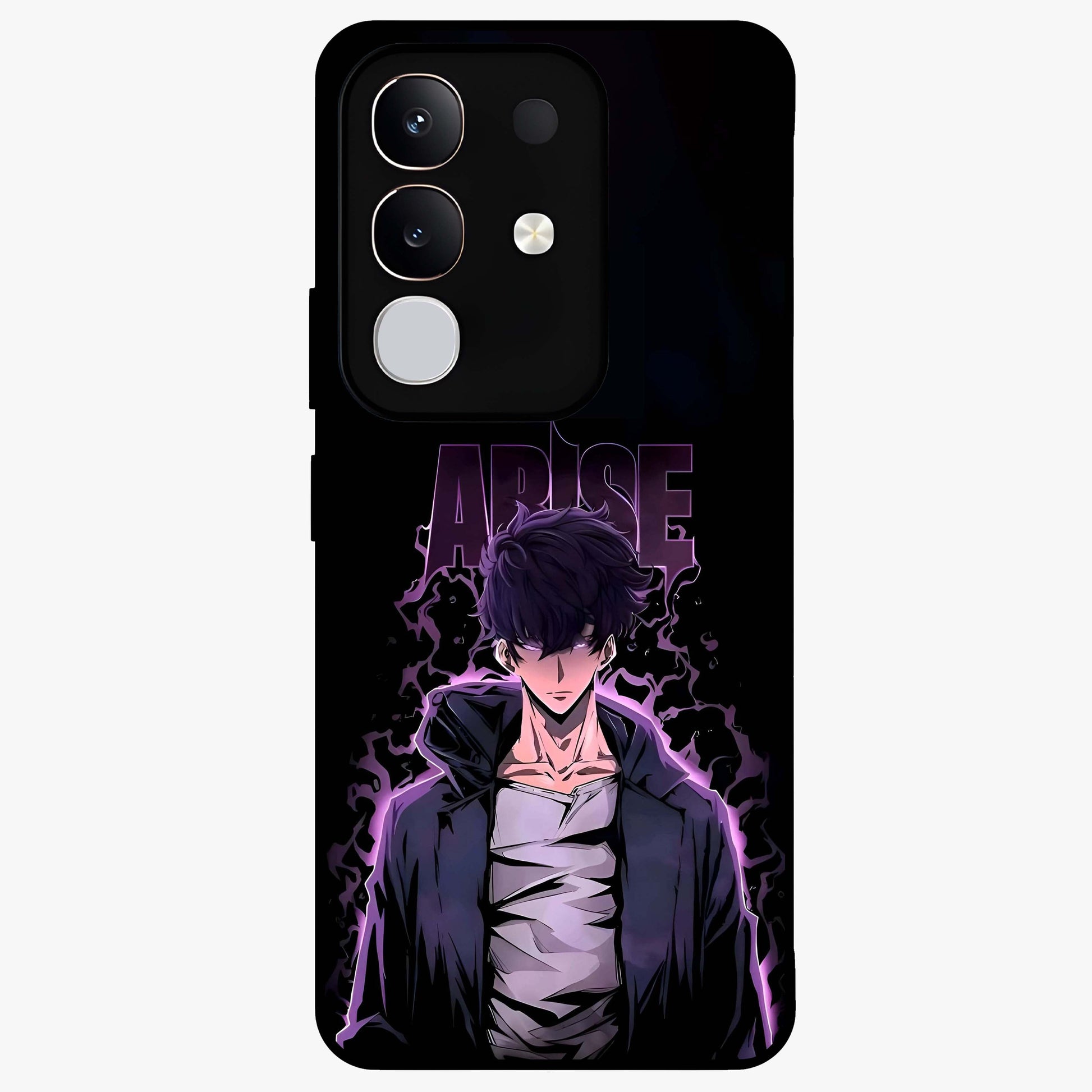 Shadow Monarch Awakening Glass Case showing flat back view with powerful dark monarch themed artwork and glossy glass finish.