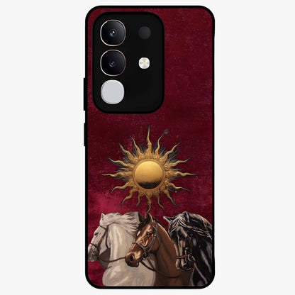 Solar Riders Glass Case showing flat back view with dynamic rider themed artwork and glossy glass finish.