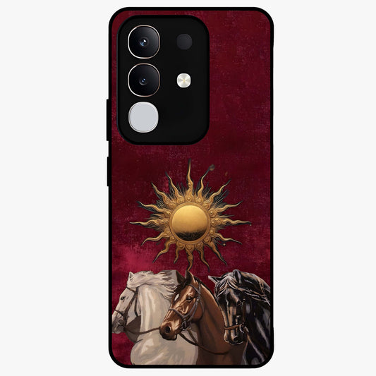 Solar Riders Glass Case showing flat back view with dynamic rider themed artwork and glossy glass finish.