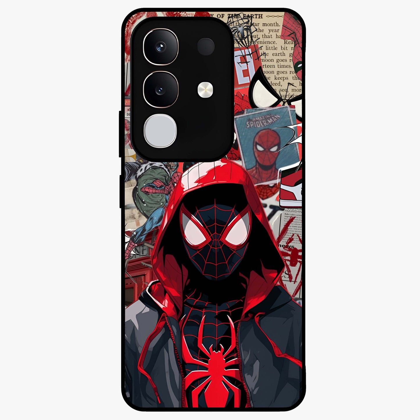 Spider Collage Street Glass Case showing flat back view with vibrant superhero collage artwork and glossy glass finish.