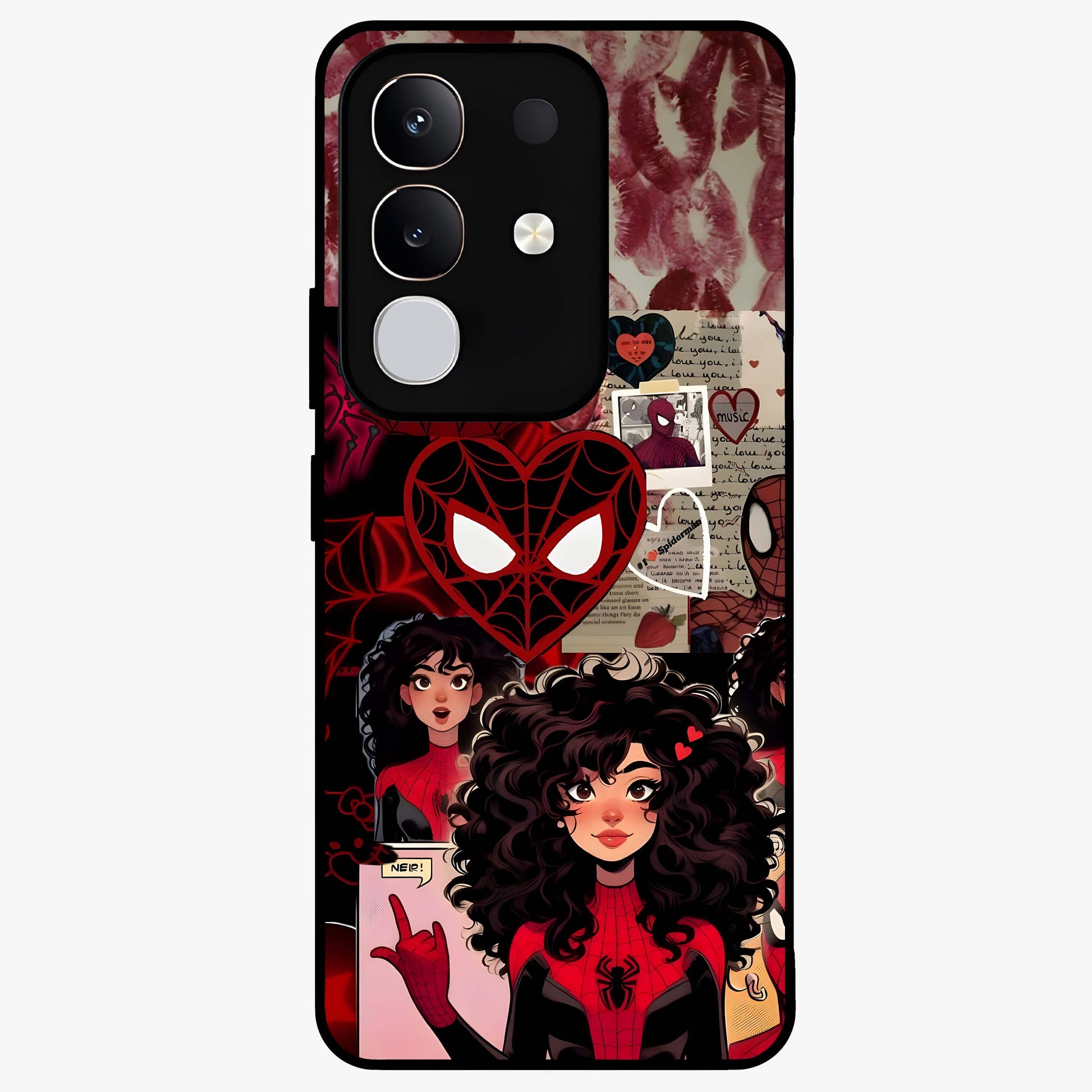 Spider Love Story Glass Case showing flat back view with romantic superhero themed artwork and glossy glass finish.