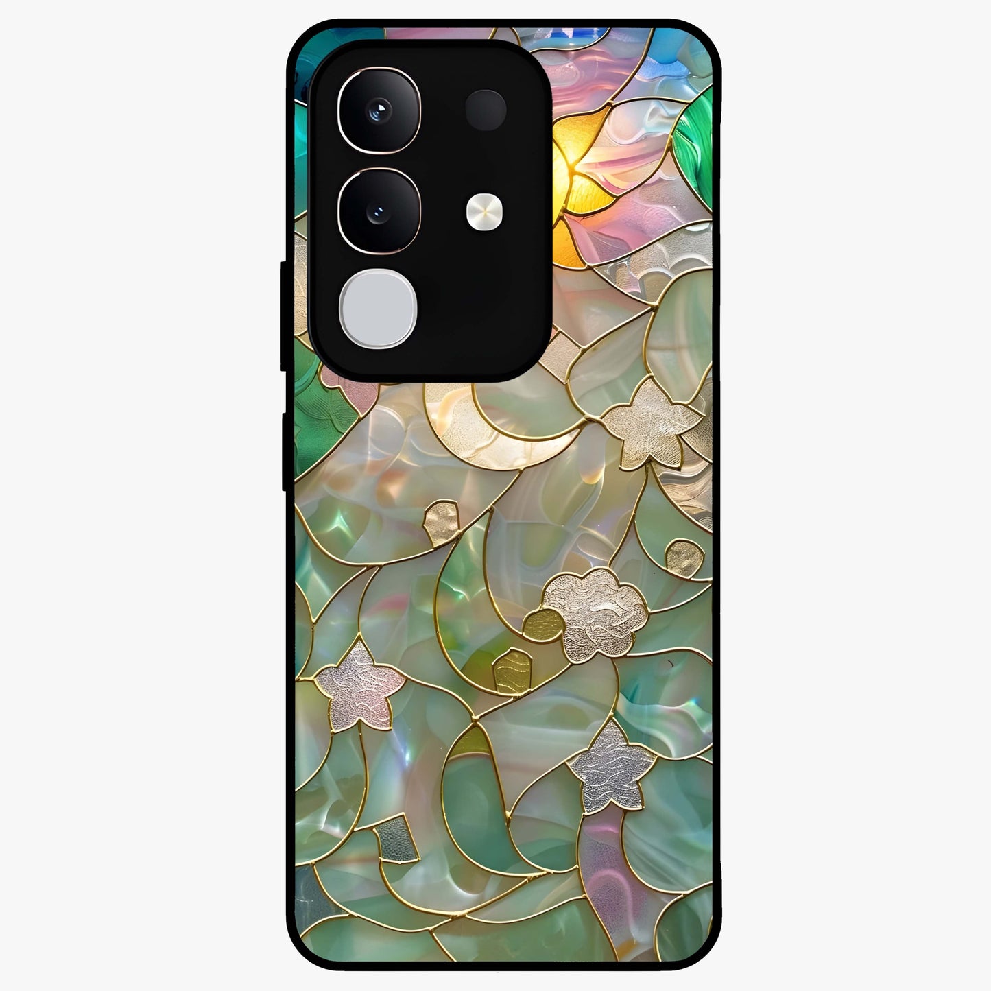 Stained Sunrise Glow Glass Case showing flat back view with glowing sunrise stained pattern artwork and glossy glass finish.