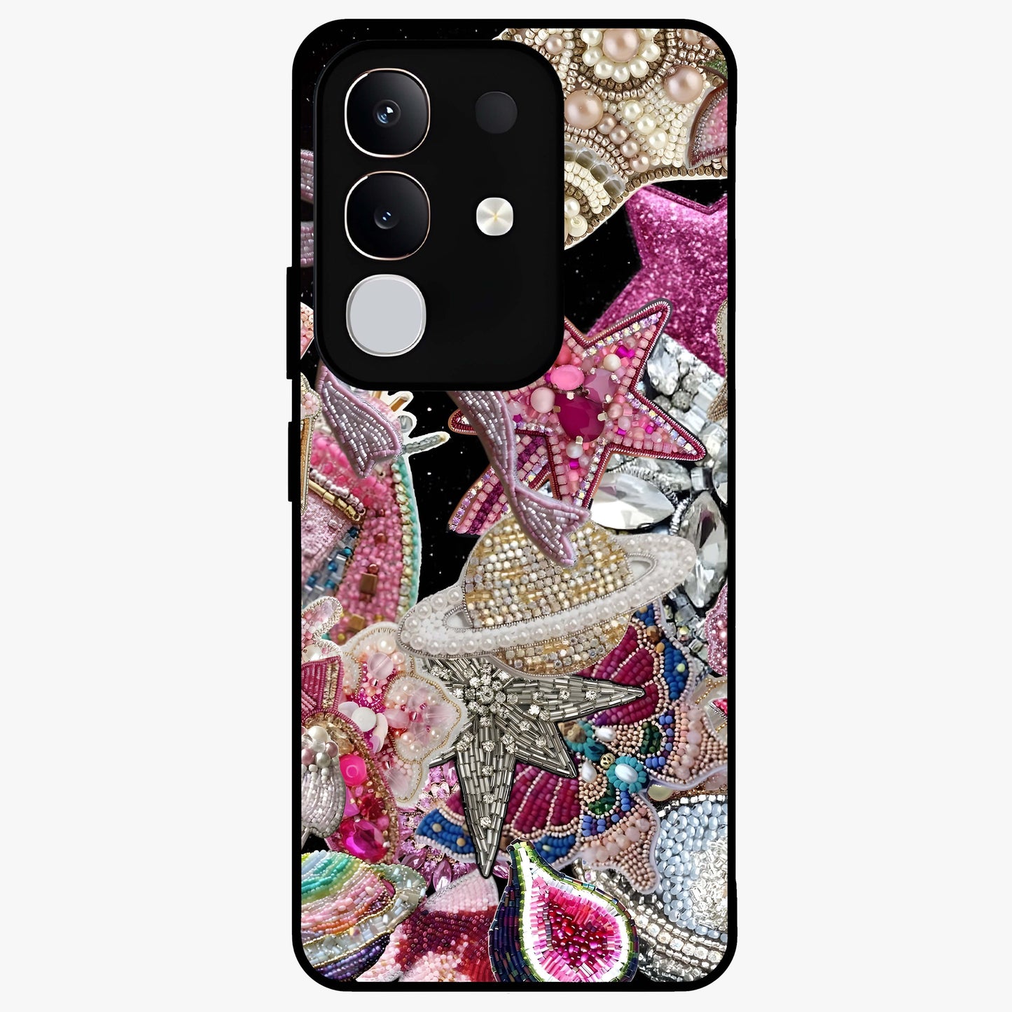 Starlit Jewel Dream Glass Case showing flat back view with sparkling jewel and star themed artwork and glossy glass finish.