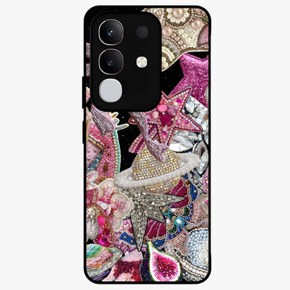 Starlit Jewel Dream Glass Case showing flat back view with sparkling jewel and star themed artwork and glossy glass finish.