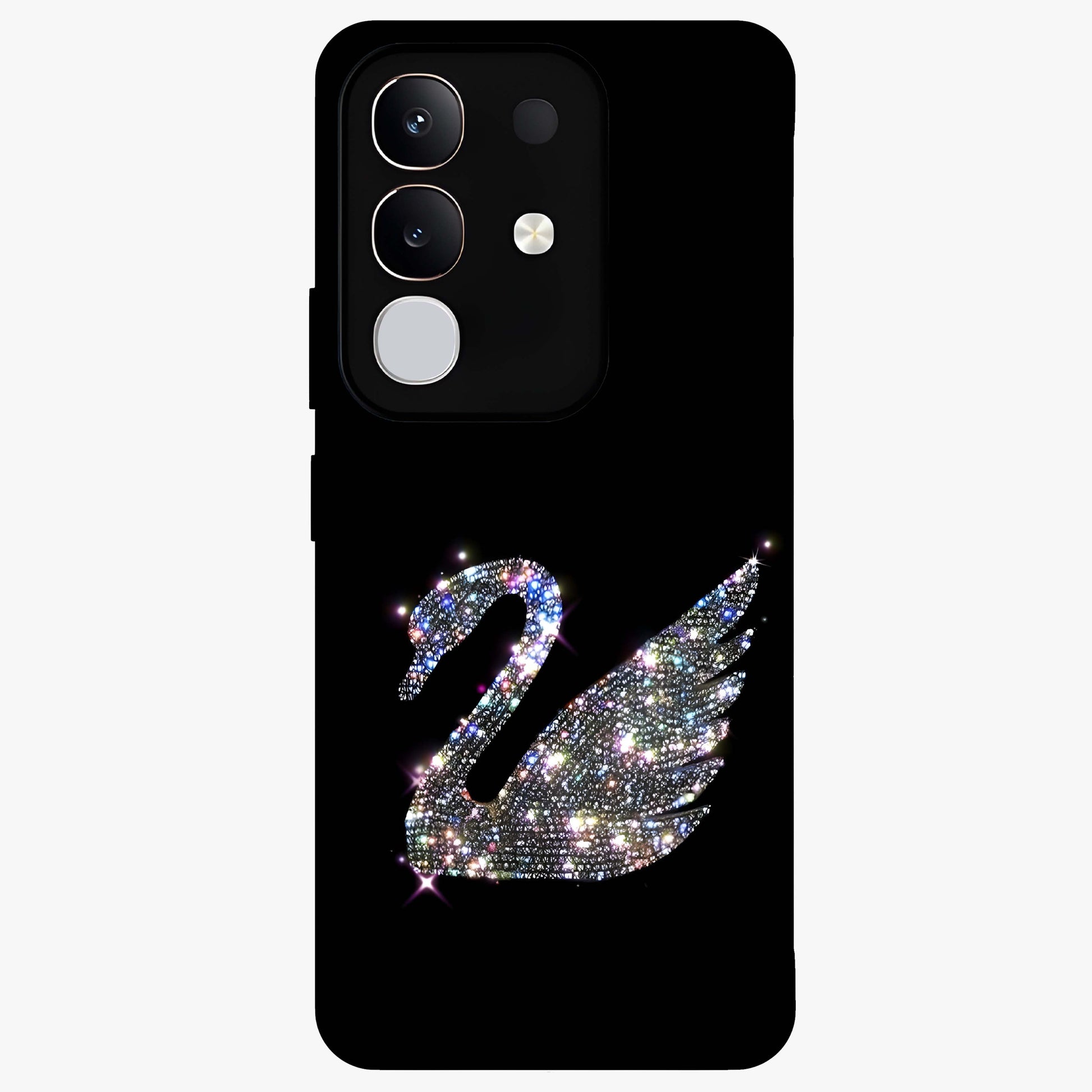 Starlit Swan Grace Glass Case showing flat back view with graceful swan artwork under starry sky and glossy glass finish.