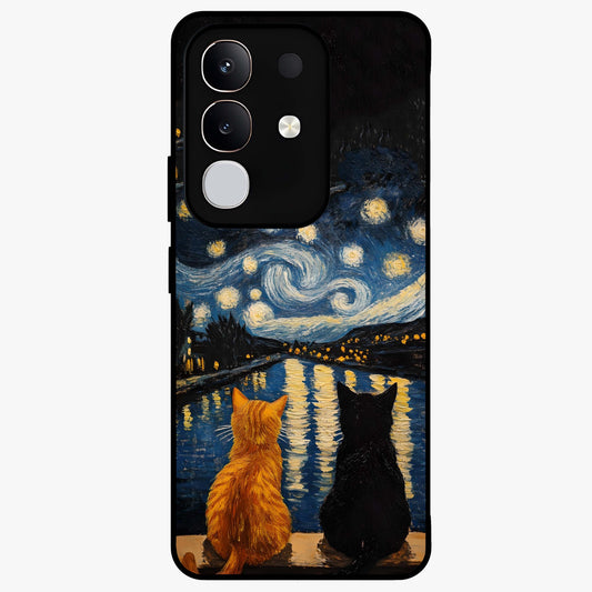 Starry River Cats Glass Case showing flat back view with cats by a starry river artwork and glossy glass finish.