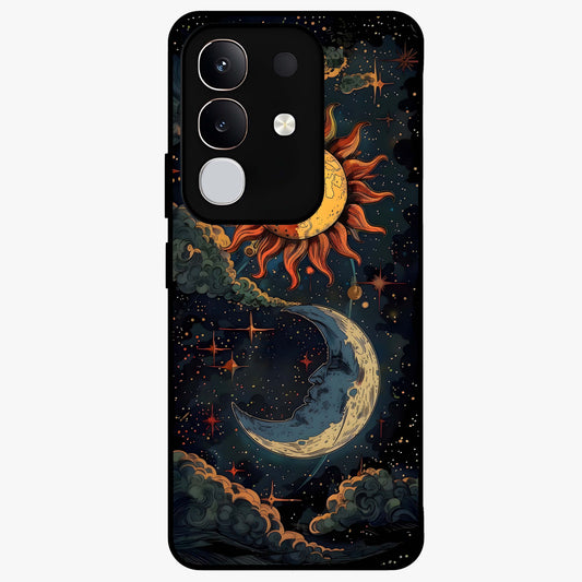 Sun And Moon Magic Design Glass Case showing flat back view with mystical sun and moon artwork and glossy glass finish.
