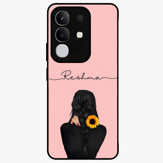 Sunflower Braid Beauty With Custom Name Glass Case showing flat back view with sunflower braid artwork and personalized name design.
