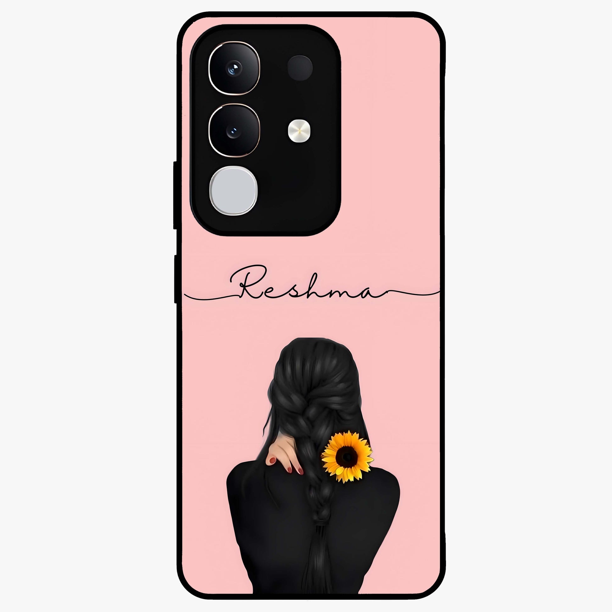 Sunflower Braid Beauty With Custom Name Glass Case showing flat back view with sunflower braid artwork and personalized name design.