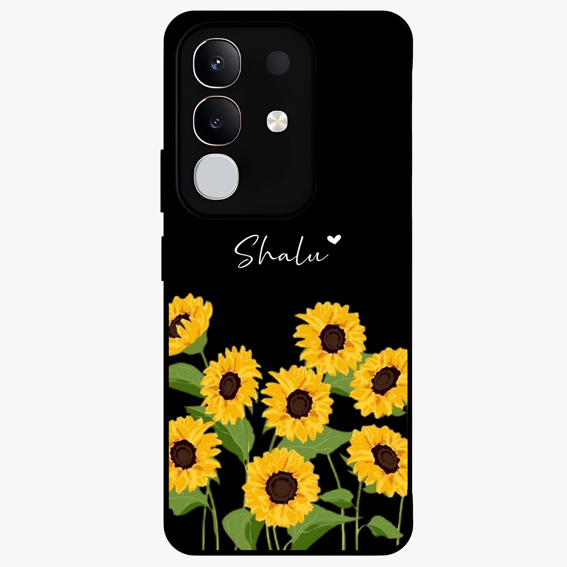 Sunflower Chic Mood Custom Name Glass Case showing flat back view with stylish sunflower artwork and personalized name design.