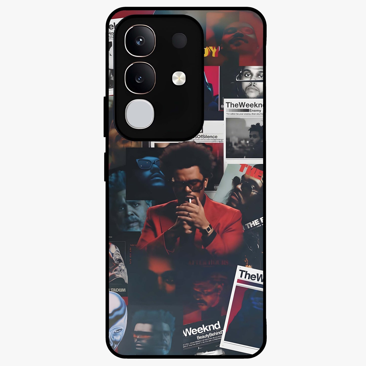 The Weeknd Glass Case showing flat back view with music inspired artistic portrait artwork and glossy glass finish.