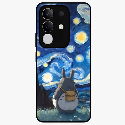 Totoro In Van Gogh Art Glass Case showing flat back view with whimsical character artwork inspired by Van Gogh style and glossy glass finish.