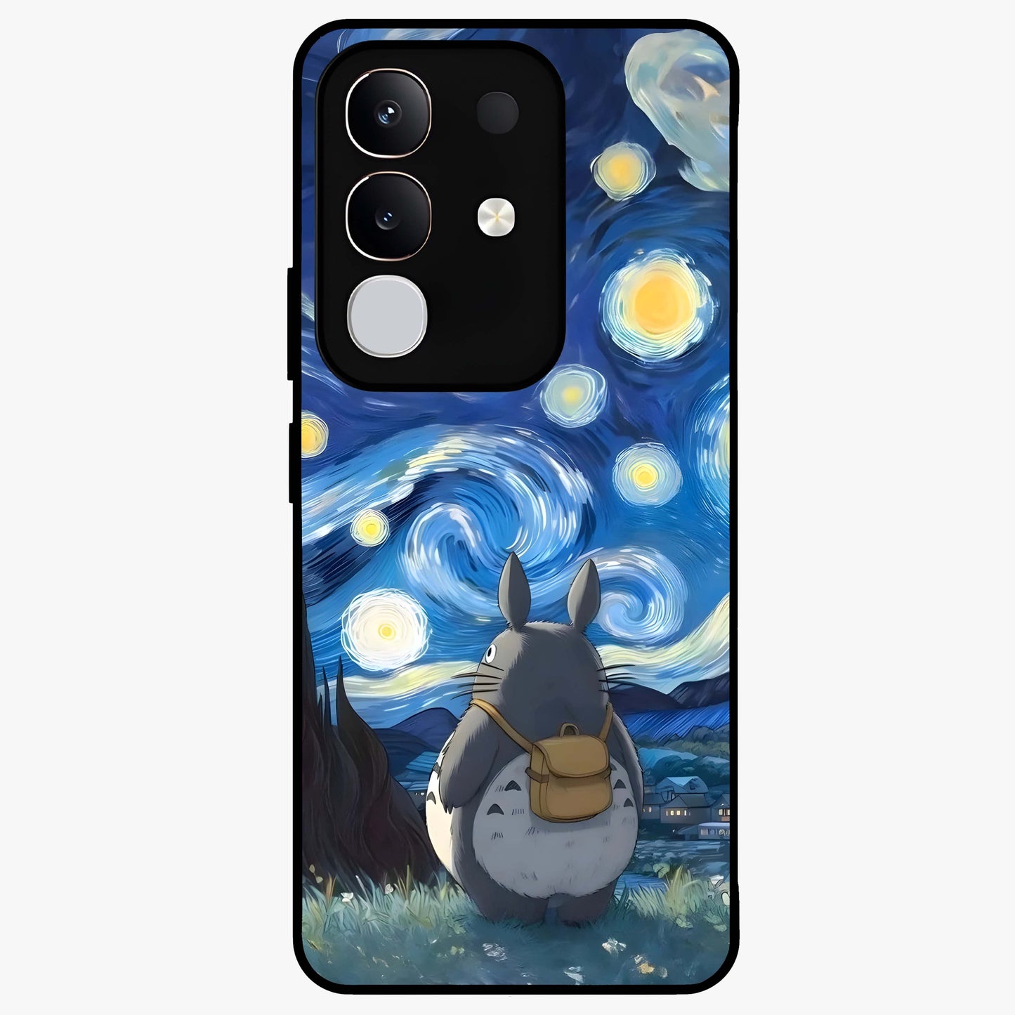Totoro In Van Gogh Art Glass Case showing flat back view with whimsical character artwork inspired by Van Gogh style and glossy glass finish.