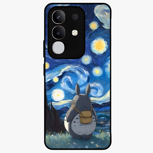 Totoro In Van Gogh Art Glass Case showing flat back view with whimsical character artwork inspired by Van Gogh style and glossy glass finish.