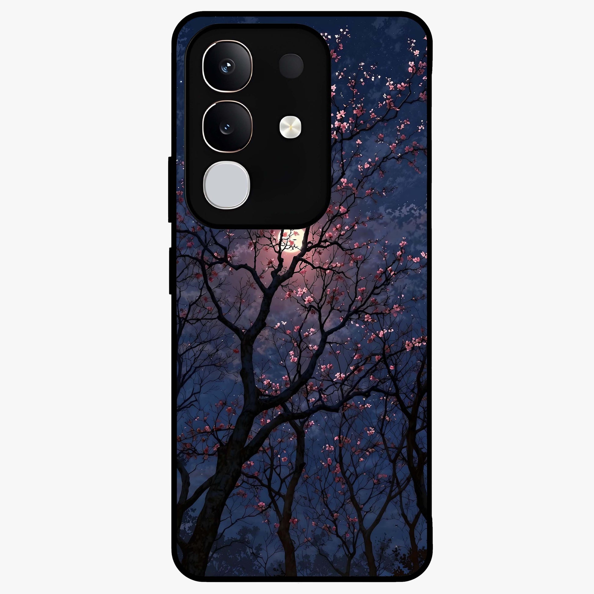 Twilight Sakura Serenade Glass Case showing flat back view with cherry blossom artwork at twilight and glossy glass finish.