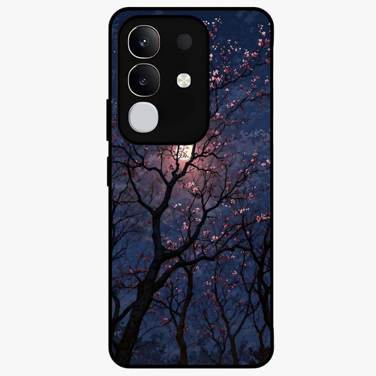 Twilight Sakura Serenade Glass Case showing flat back view with cherry blossom artwork at twilight and glossy glass finish.