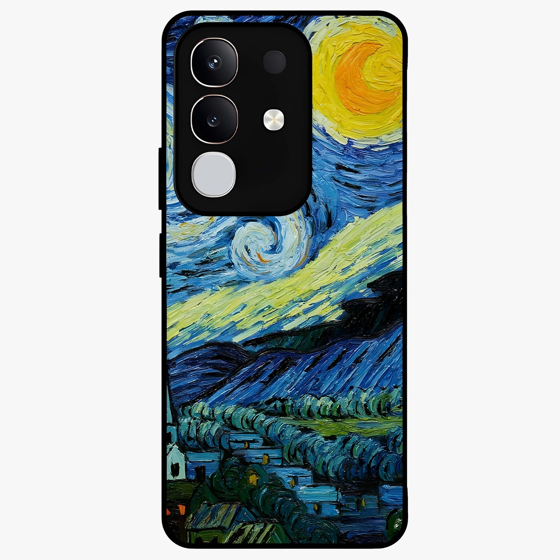 Van Gogh Art Glass Case showing flat back view with classic painterly artwork inspired by Van Gogh style and glossy glass finish.