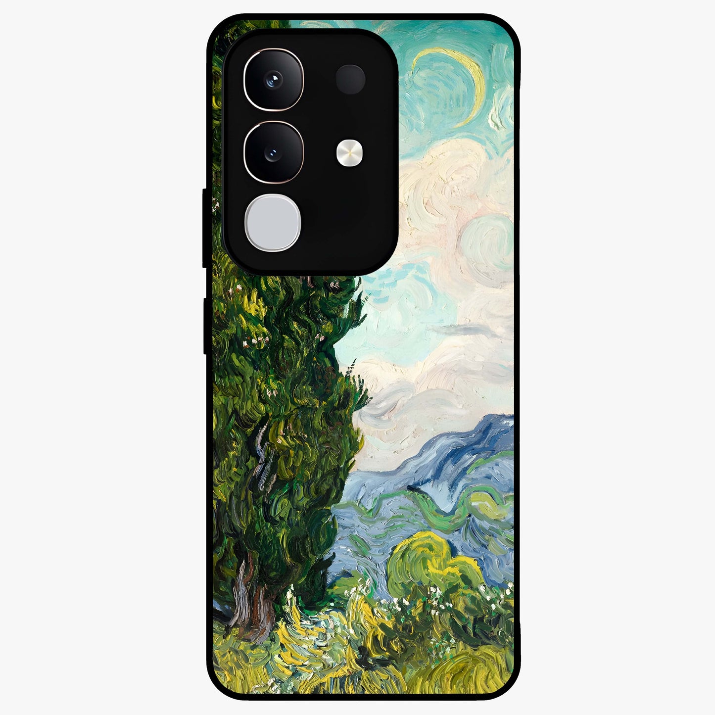 Van Gogh Vintage Art Glass Case showing flat back view with vintage painterly artwork inspired by Van Gogh style and glossy glass finish.