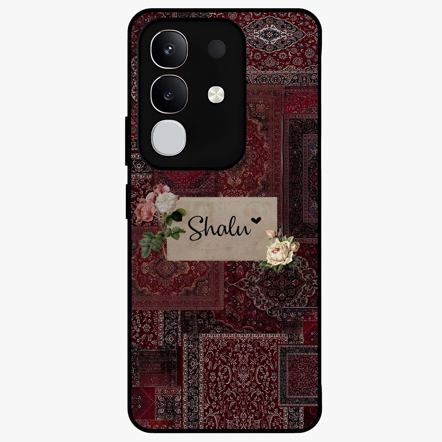 Velvet Wine Pattern Custom Name Glass Case showing flat back view with elegant wine colored pattern artwork and personalized name design.